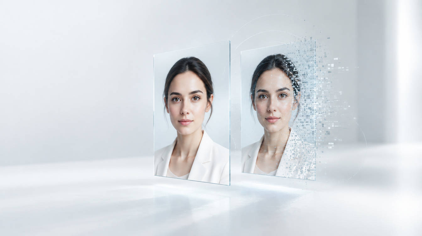 A glass-pane before-and-after portrait representing Eterna Image Immunization
