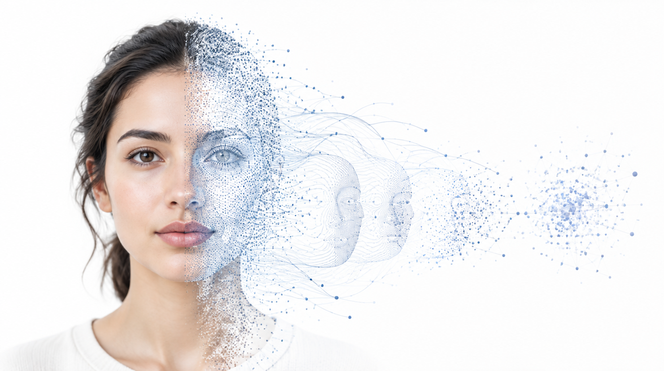 A face dissolving into a particle network, representing why Image Immunization exists